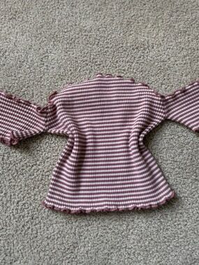OOTDFash Mauve and White Striped Off-Shoulder Lettuce-Edge Crop Top y2k